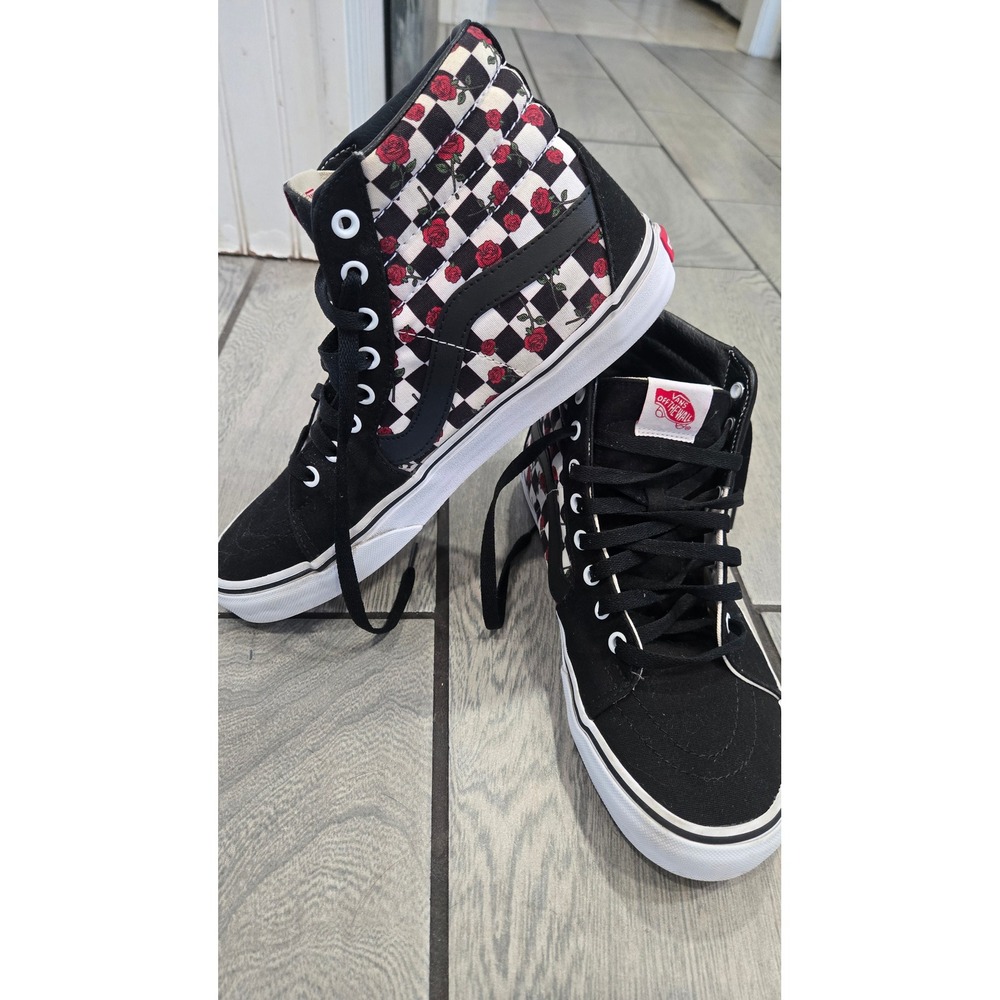 Vans Sk8-Hi Checkerboard Rose Floral Black White High Top Sneakers Mens 10